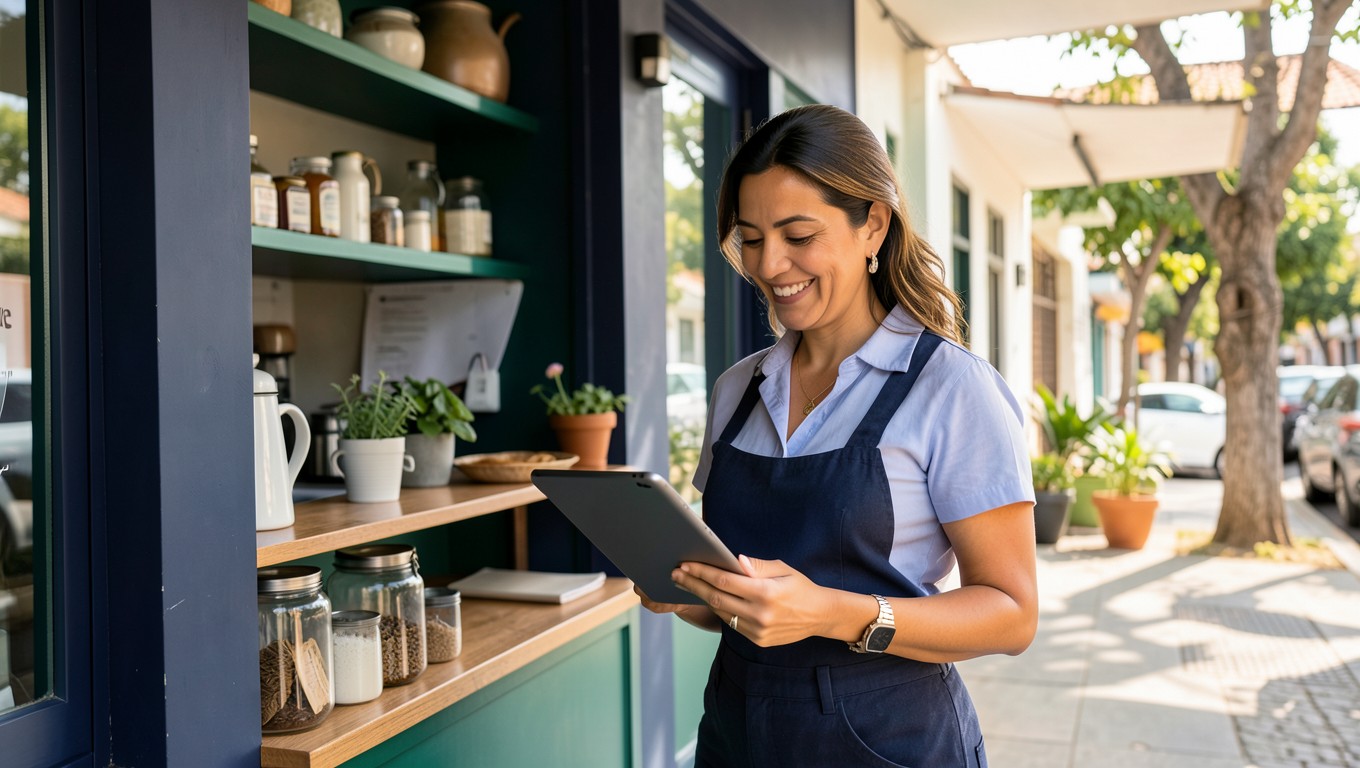 Emprendedora revisa su negocio con una tableta